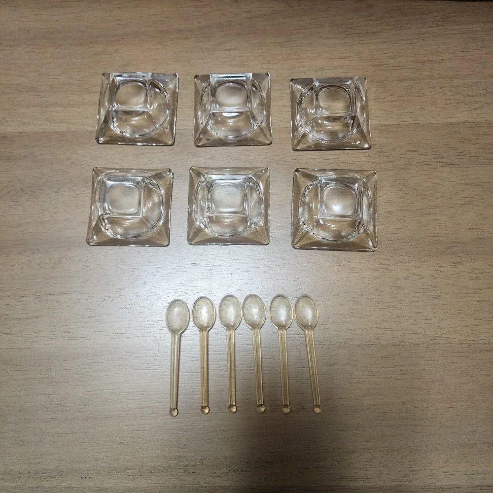 6- Vintage Salt Celllars with Spoons Square Shaped Clear Glass